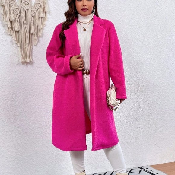 Pink Preppy Womens Lapel Neck Open Front Teddy Lined Coat - Picture 3 of 5